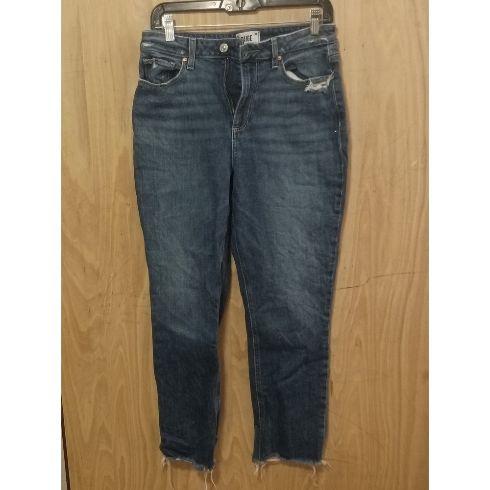 Paige High Rise Straight Leg Jeans Medium Wash Raw Hem Distressed Size 28